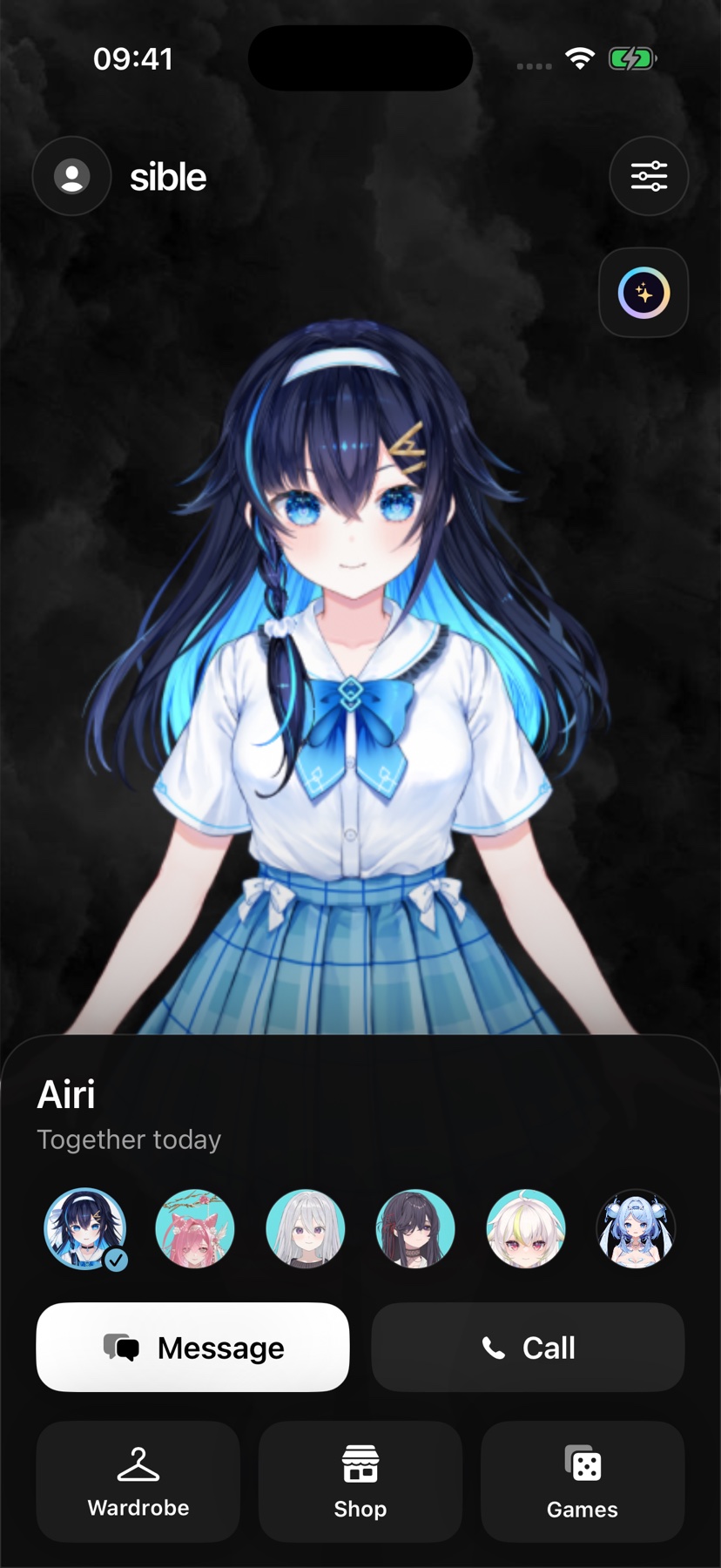 Sible iOS Home screen with Airi, Message and Call buttons, and Wardrobe, Shop, and Games